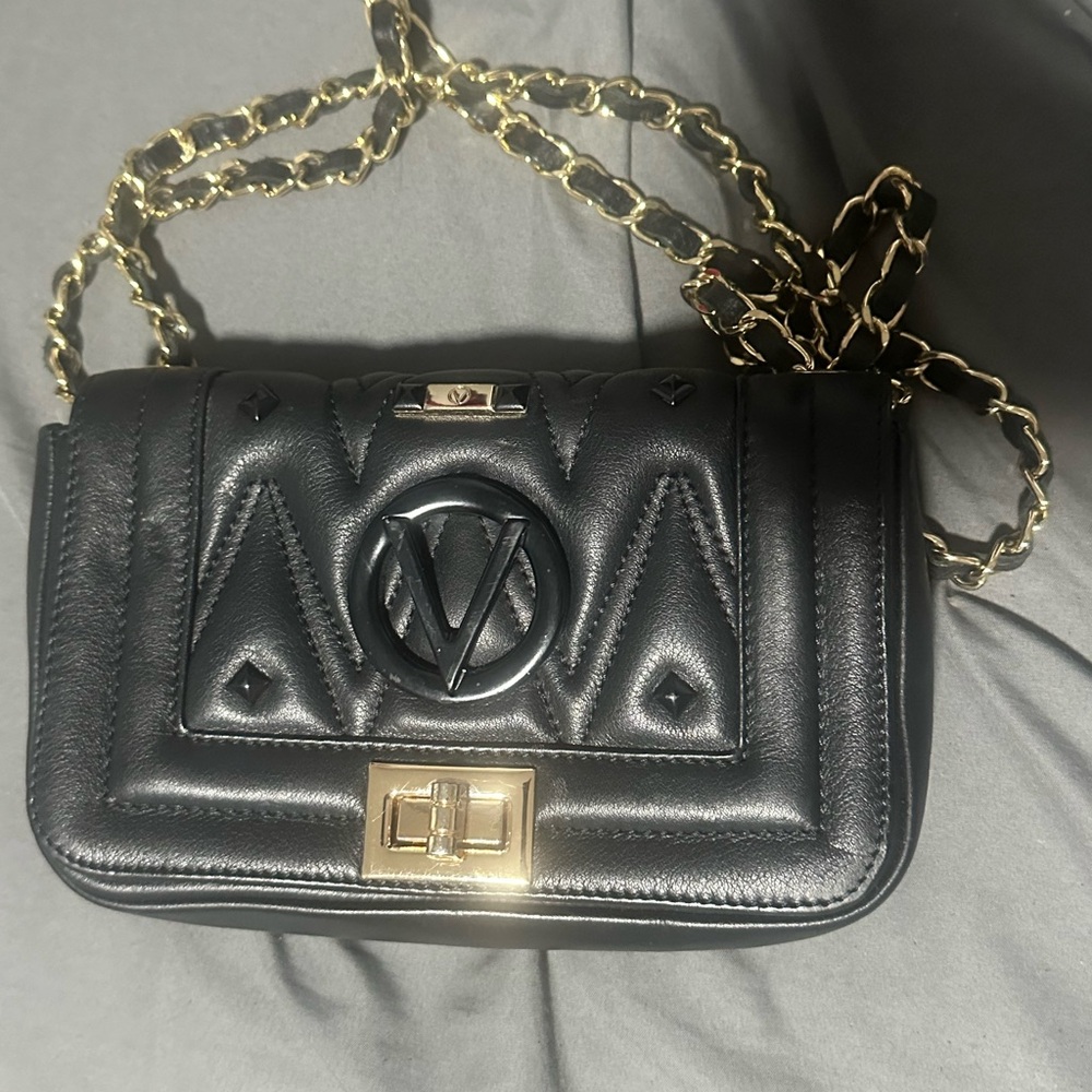 Valentino By Mario Valentino Gold and Black Crossbody Bag with Quilted Design